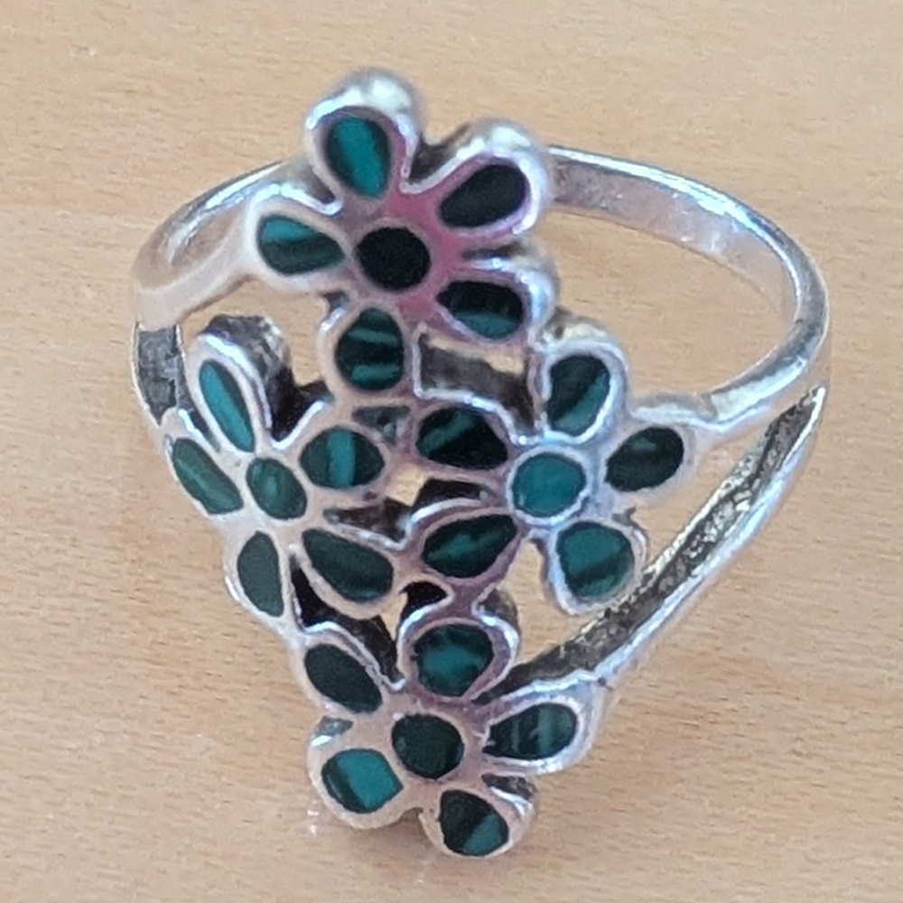 Sterling Silver Malachite Flower Statement Ring 925 Greece Size 9